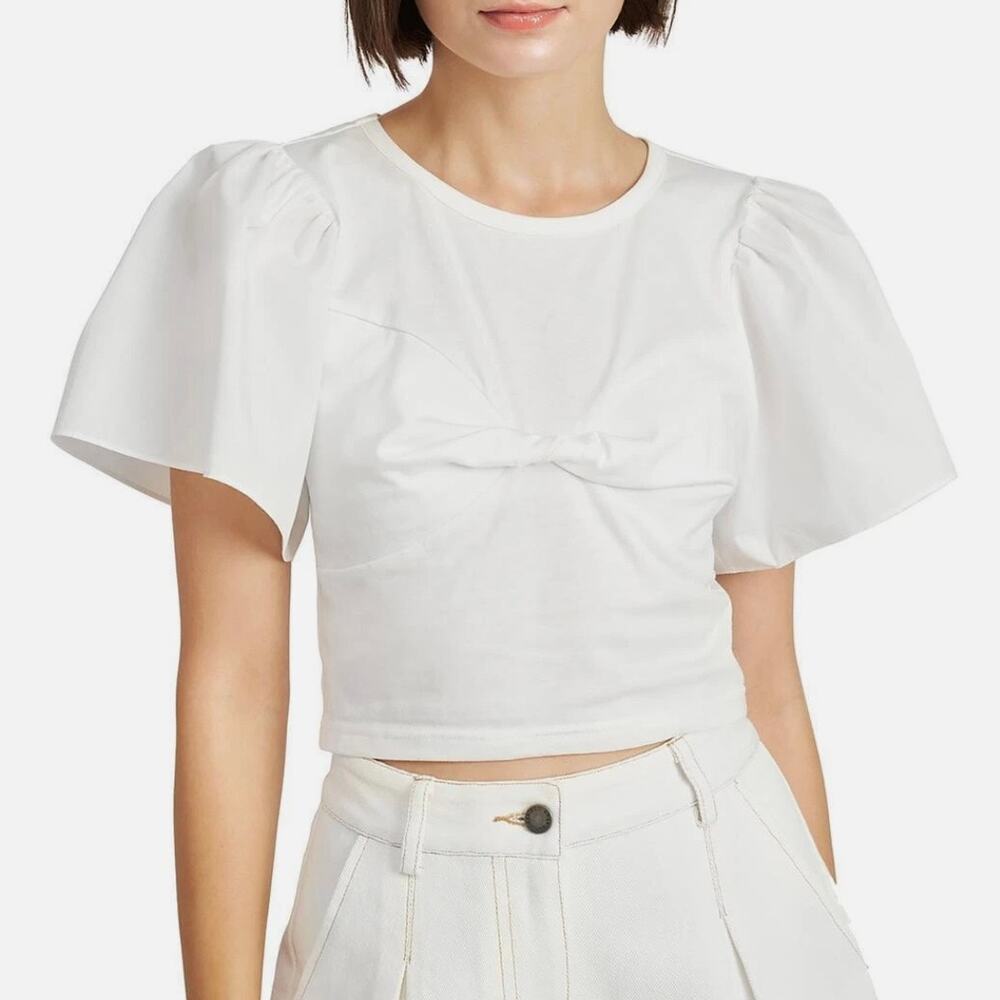 En Saison Lettres Twisted Front Mixed Media Crop Top - White - Size XS